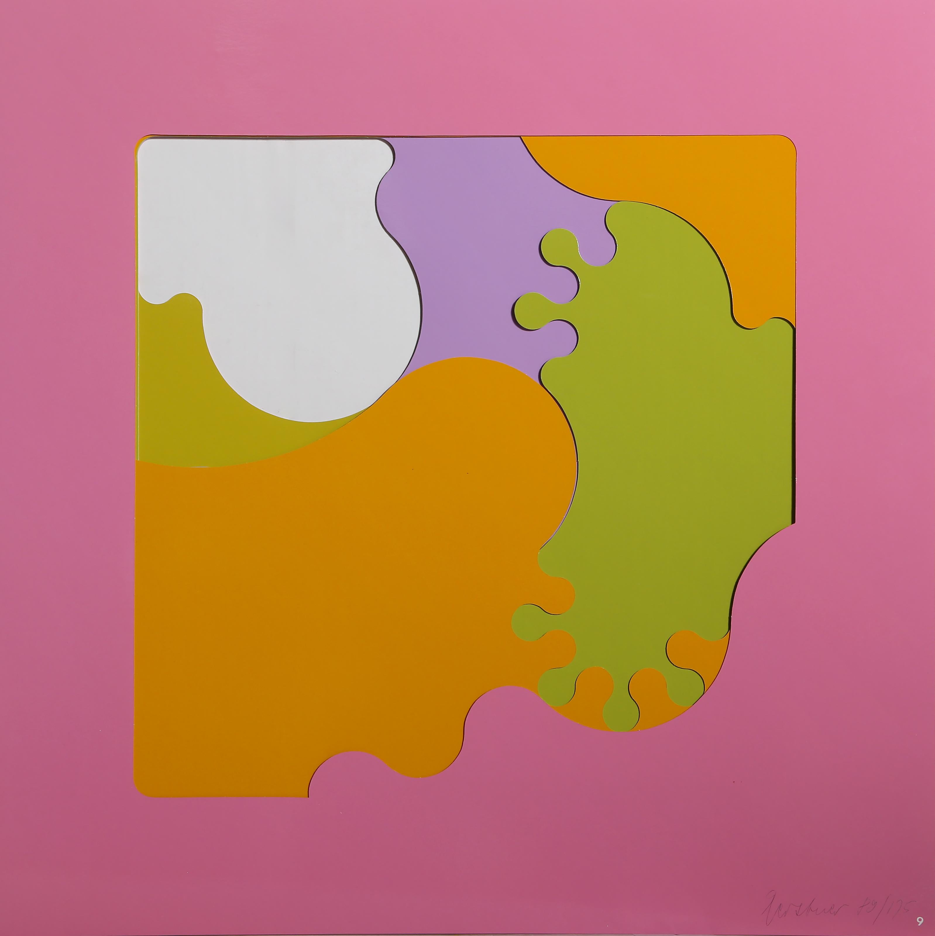 Date: circa 1975
5 screenprints in colors each consisting of 5 die-cut sheets of wove paper, signed and numbered in ink
Edition of 89/175
Size: 23.5 x 23.5 in. (59.69 x 59.69 cm)
Printer: International Art Print, Krefeld, Germany
Publisher: Denise