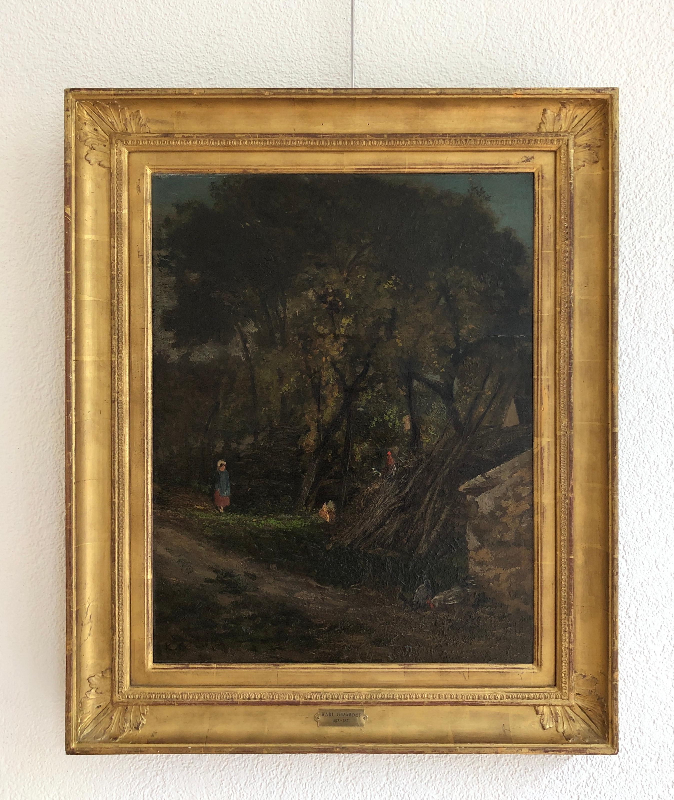 Animated forest landscape with child and hens - Painting by Karl Girardet