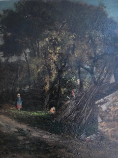 Antique Animated forest landscape with child and hens