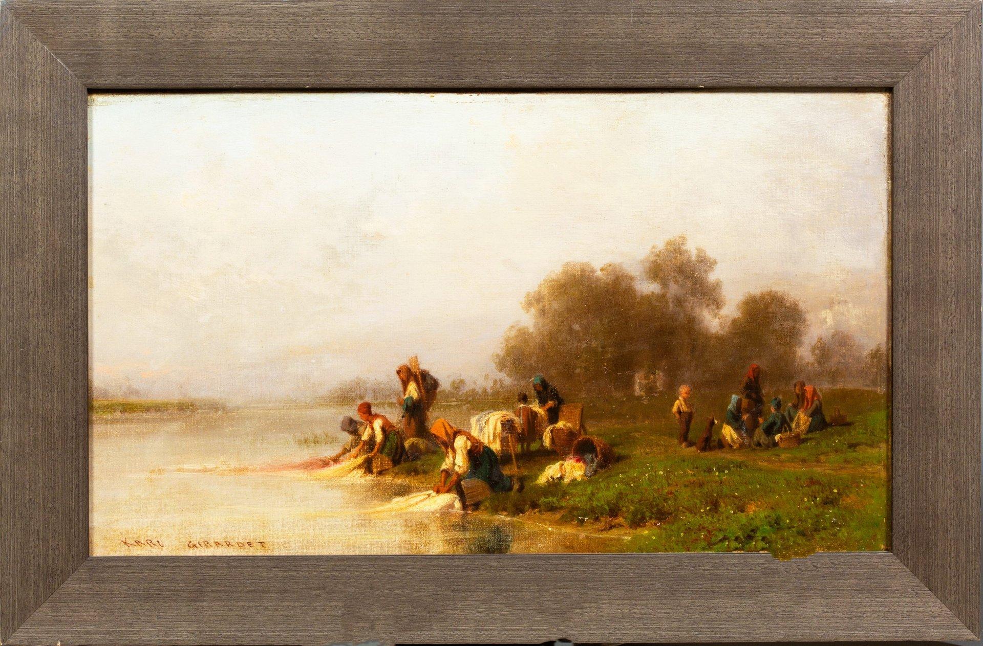 Washerwomen am Fluss, Öl auf Leinwand von Karl Girardet im Angebot 2