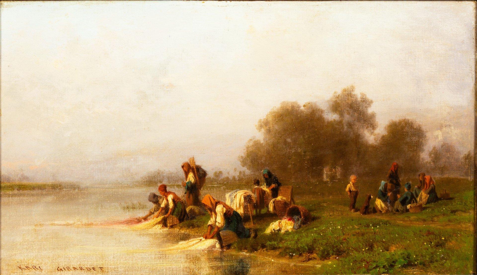 Washerwomen by the river, oil on canvas by Karl Girardet For Sale 4