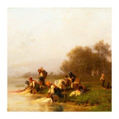 Washerwomen by the river, huile sur toile de Karl Girardet