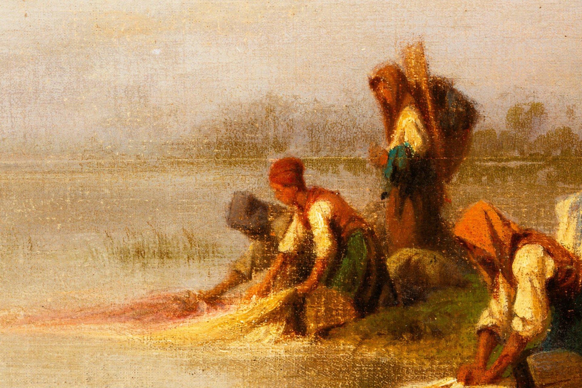 Washerwomen am Fluss, Öl auf Leinwand von Karl Girardet im Angebot 1