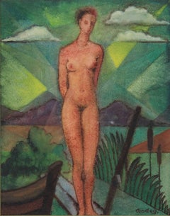 "Nudo al lago" Tempera su cartoncino di Karl Godeg