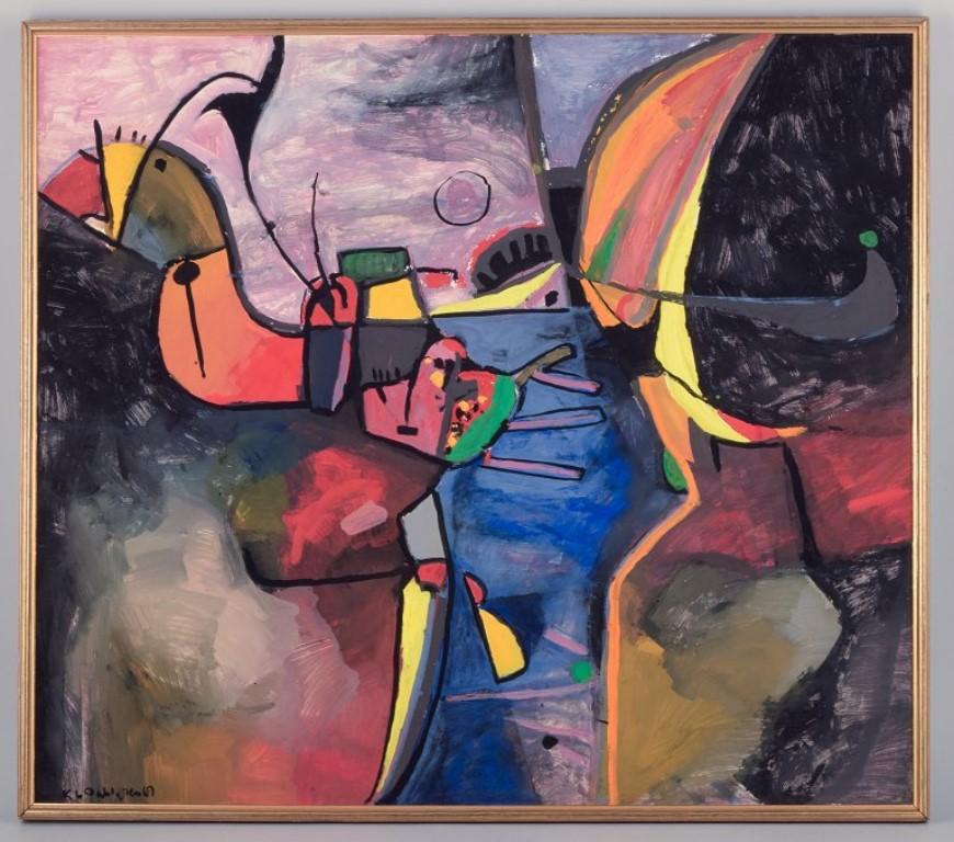 Karl Gustaf Dahlgren (geboren 1932), schwedischer Künstler. 
Aquarell auf Papier. 
Abstrakte Komposition mit einem Fantasievogel.
Im Stil von Cobra. Bunte Palette.
Signiert und datiert '69.
In perfektem Zustand.
Abmessungen: 77,5 cm x 68,0