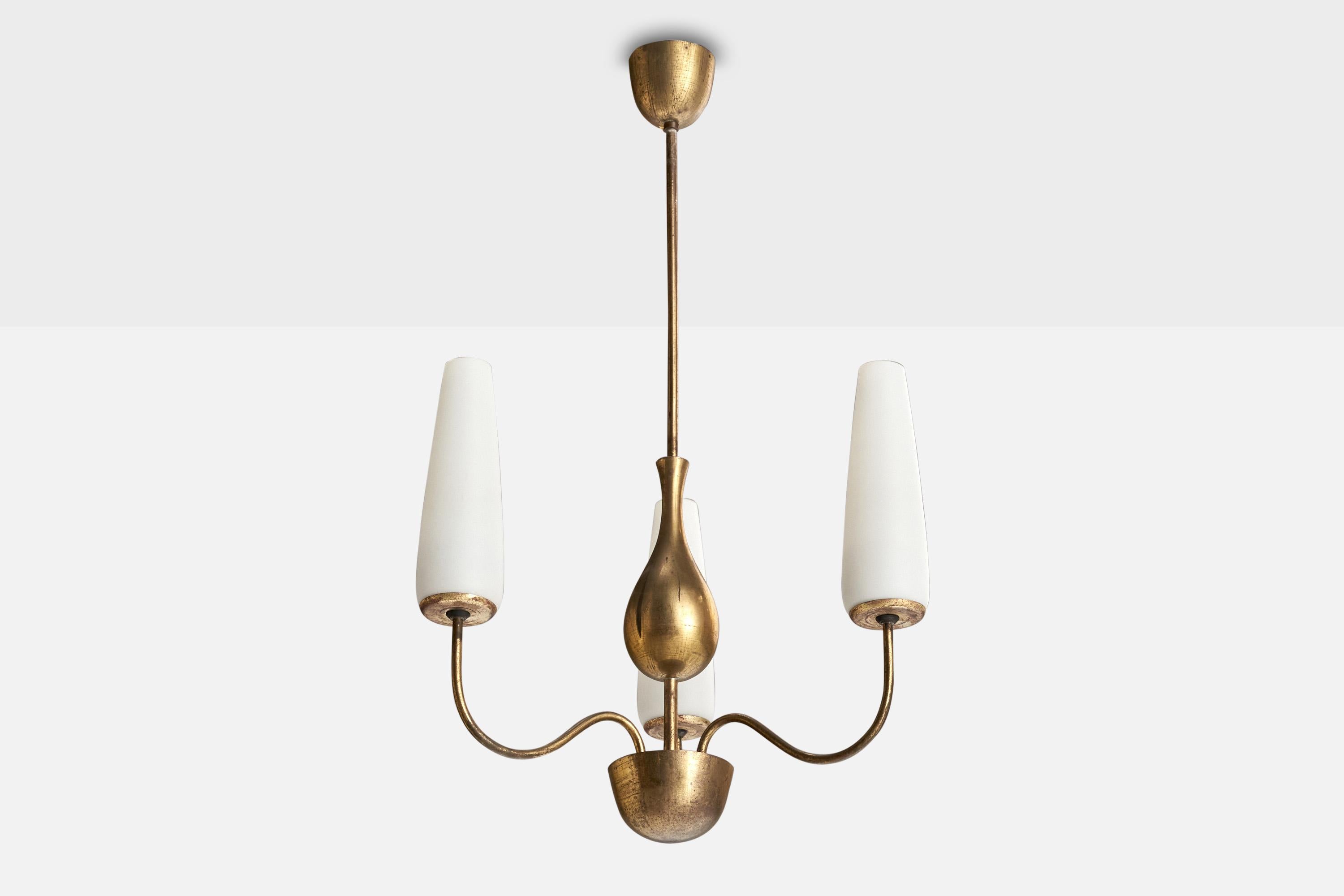 A brass and white opaline glass chandelier designed by Karl Hagenauer and Werkstätte Hagenauer, Vienna, Austria, c. 1940s.

Overall Dimensions (inches): 23.5” H x 13” Diameter

Dimensions of Canopy:  2.5” H x 2.5” W x 2.5” D

Stem length: 10”