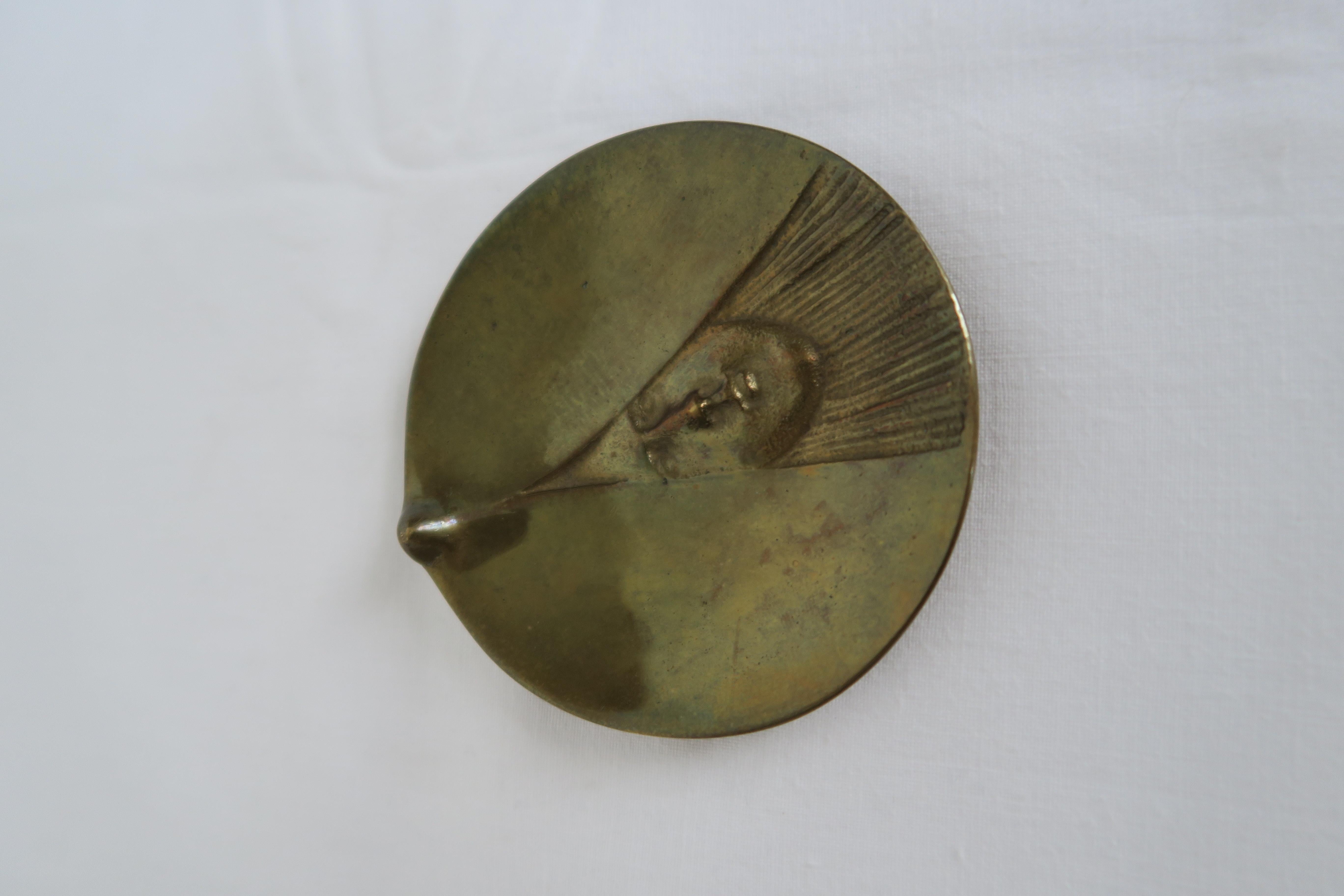 Austrian Karl Hagenauer Solid Brass Face Ashtray, Designed 1900, Manufactured, 1950s