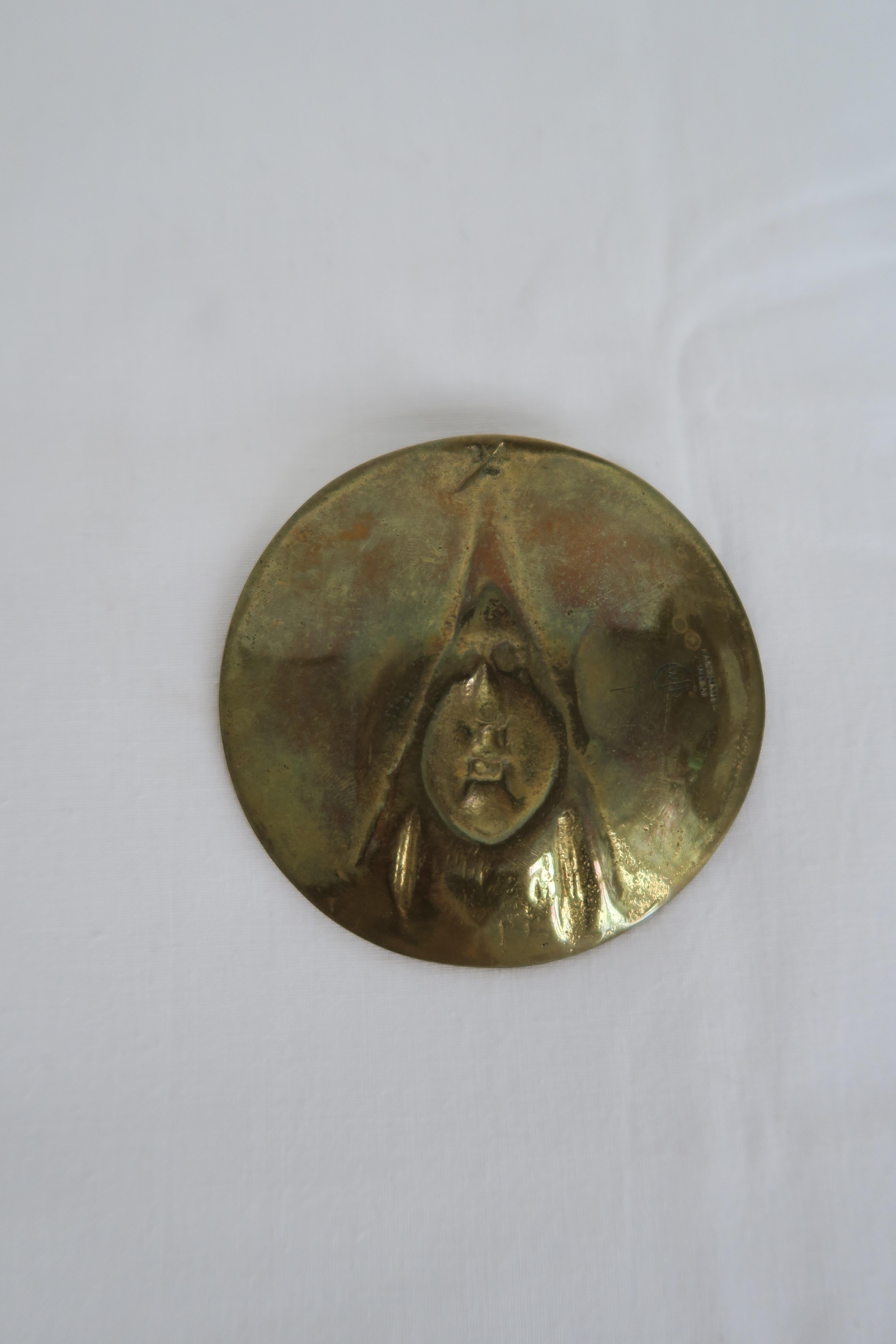 Karl Hagenauer Solid Brass Face Ashtray, Designed 1900, Manufactured, 1950s In Excellent Condition In Vienna, AT