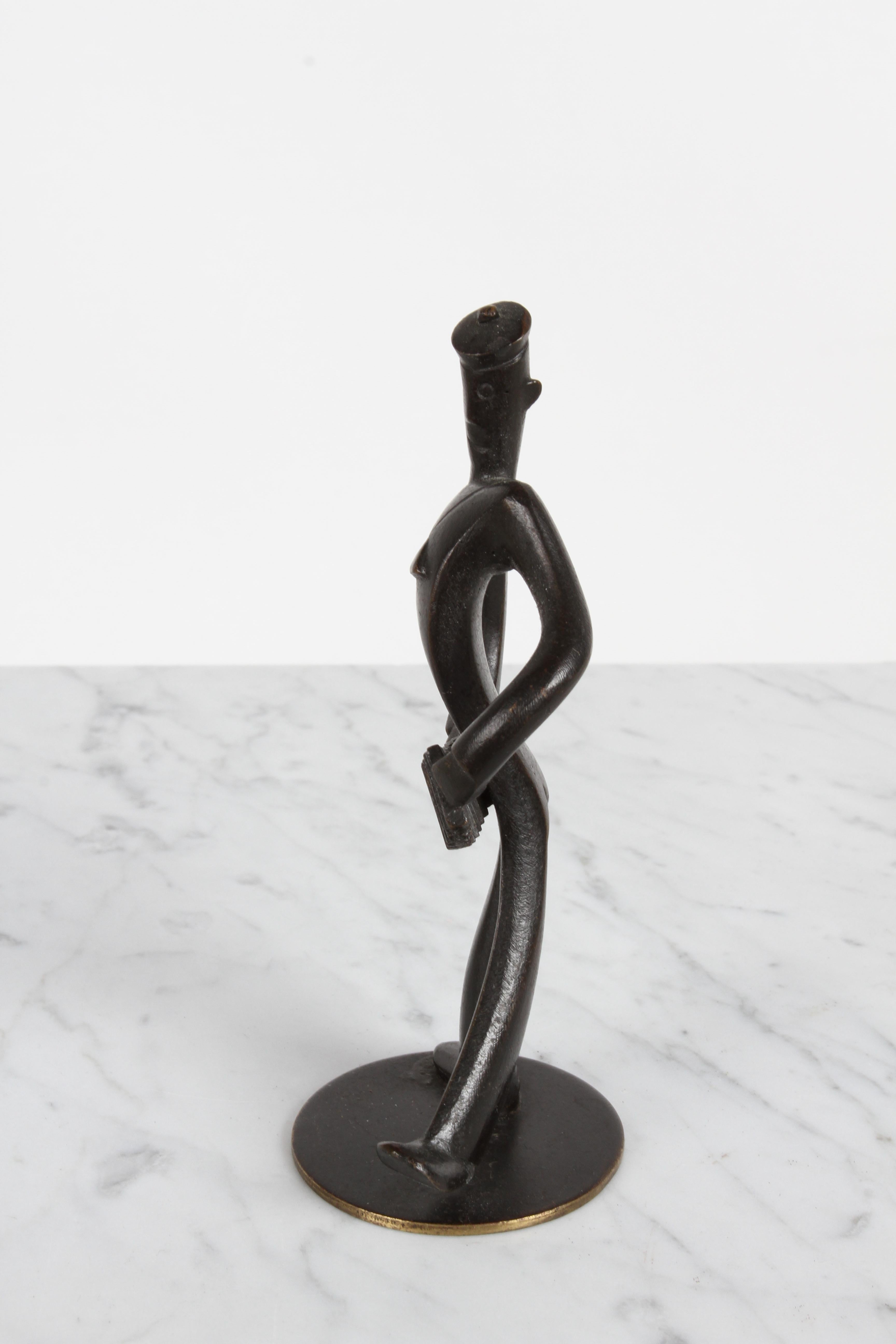 Karl Hagenauer (wHw) 1930s Wiener Werkstätte Bronze Sailor Figure w/ Accordion For Sale 1