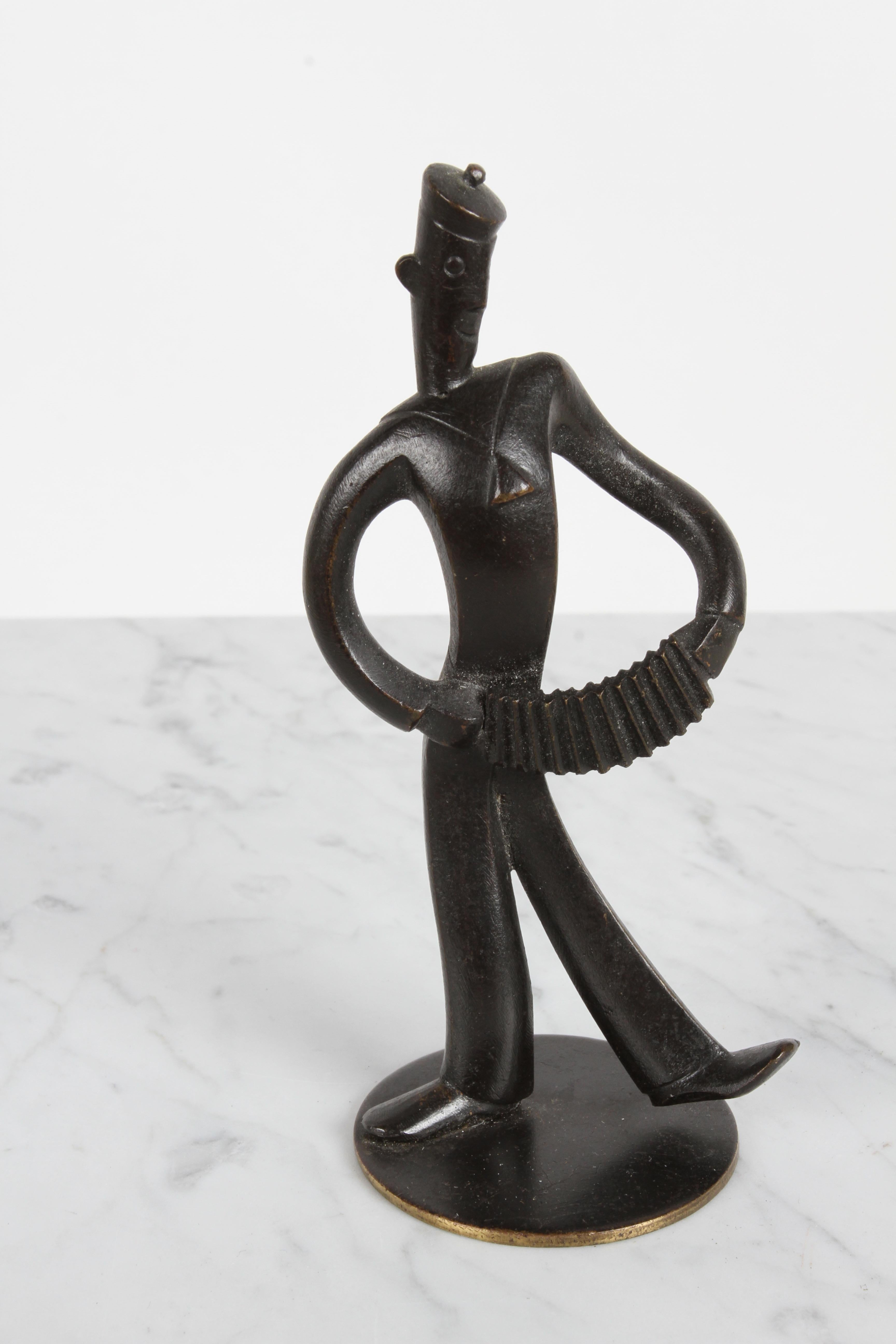 Karl Hagenauer (wHw) 1930s Wiener Werkstätte Bronze Sailor Figure w/ Accordion For Sale 3