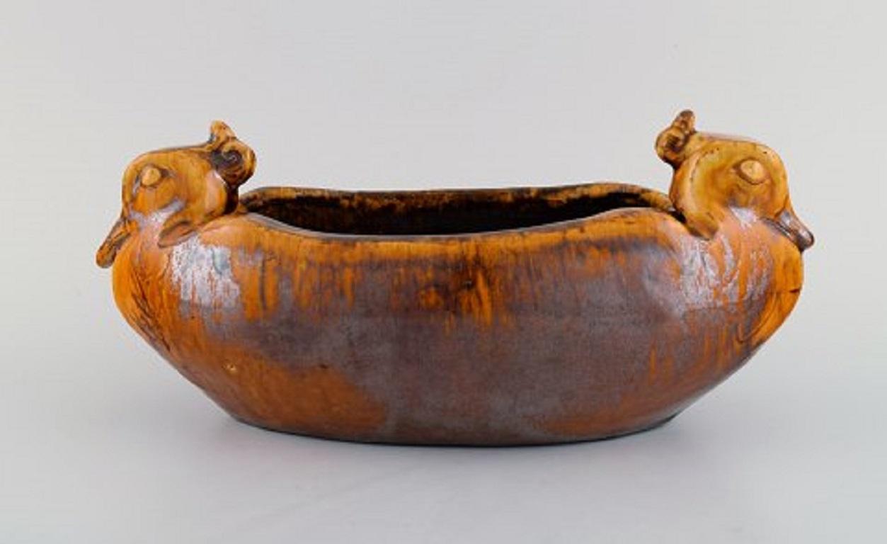 Art Nouveau Karl Hansen Reistrup for Kähler, Antique Bowl in Glazed Ceramics with Ducks