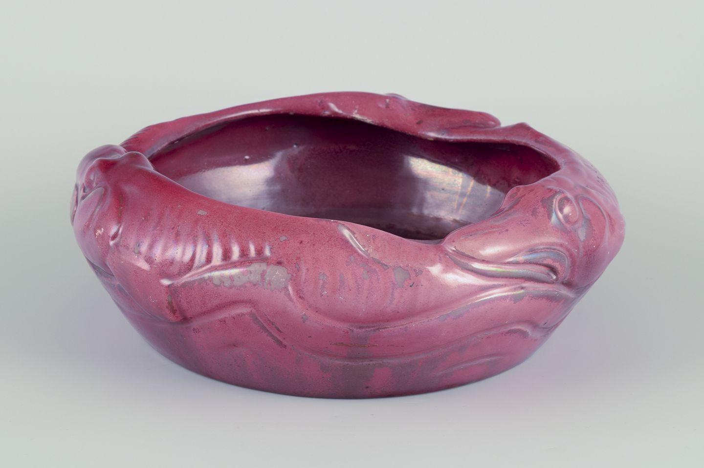 Pre-owned goods are exempt from import duties for U.S. customers. 
Therefore, no import tariffs will be applicable to your purchase.

Karl Hansen Reistrup (1863-1929) for Kähler.
Ceramic bowl, modelled with fish in relief.
Art Nouveau