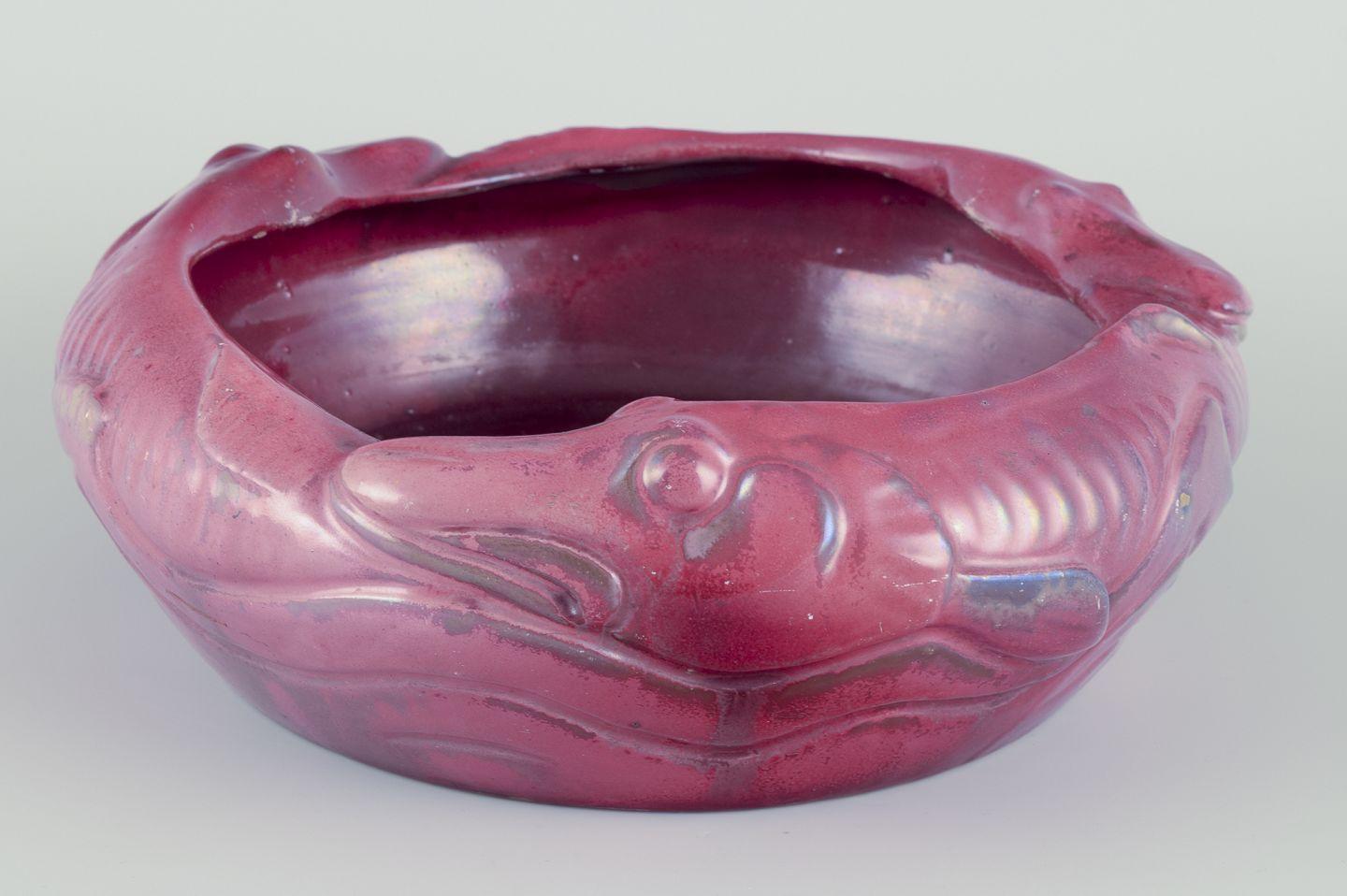 Art Nouveau Karl Hansen Reistrup for Kähler. Ceramic bowl with fish in relief. 1890s For Sale