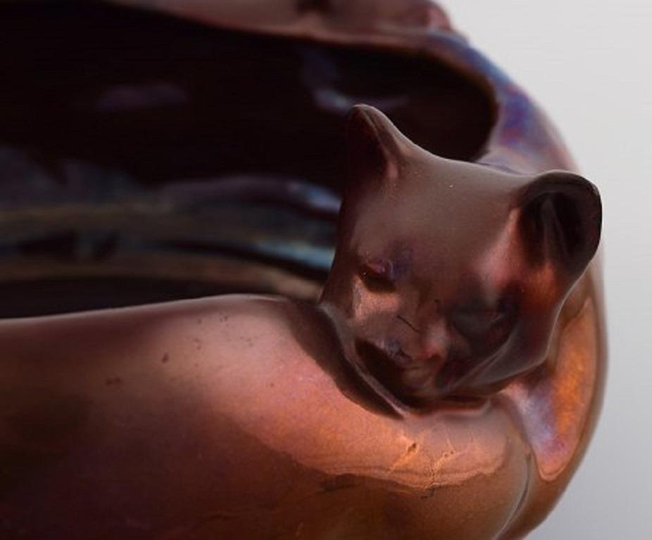 Danish Karl Hansen Reistrup for Kähler, Rare Bowl with Cats in Beautiful Luster Glaze