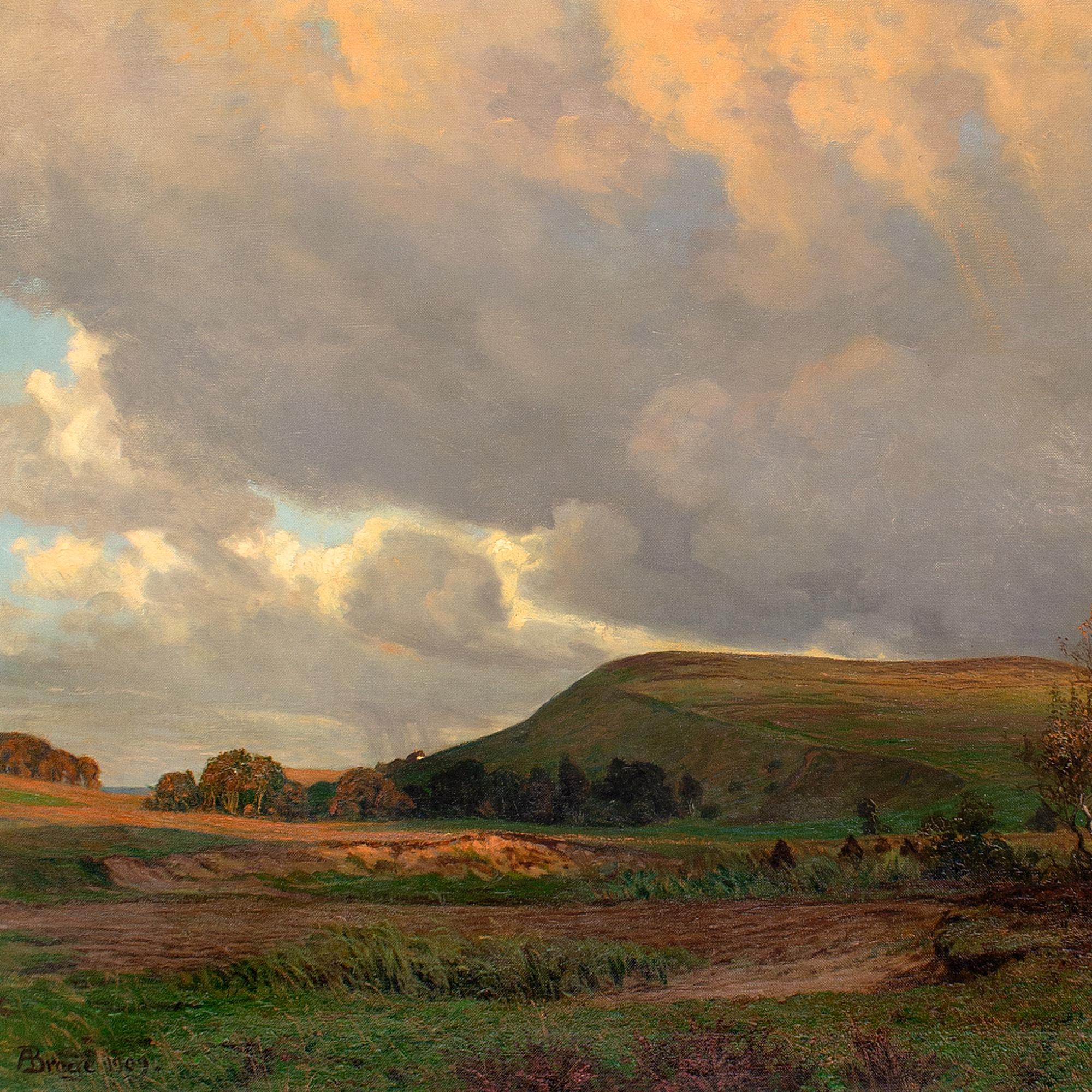 This early 20th-century oil painting by Danish artist Alfred Broge (1870-1955) depicts a dramatic sky over Arrenakke Bakke, Denmark.

Moments after heavy rainfall, the light conjures a dark orange glow transforming the Autumnal plains into