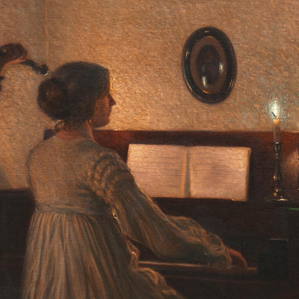 „Piano und Violine Recital“, Pariser Salon, Königliche Akademie, Stillleben mit Tulpen (Schwarz), Interior Painting, von Karl Harald Alfred Broge