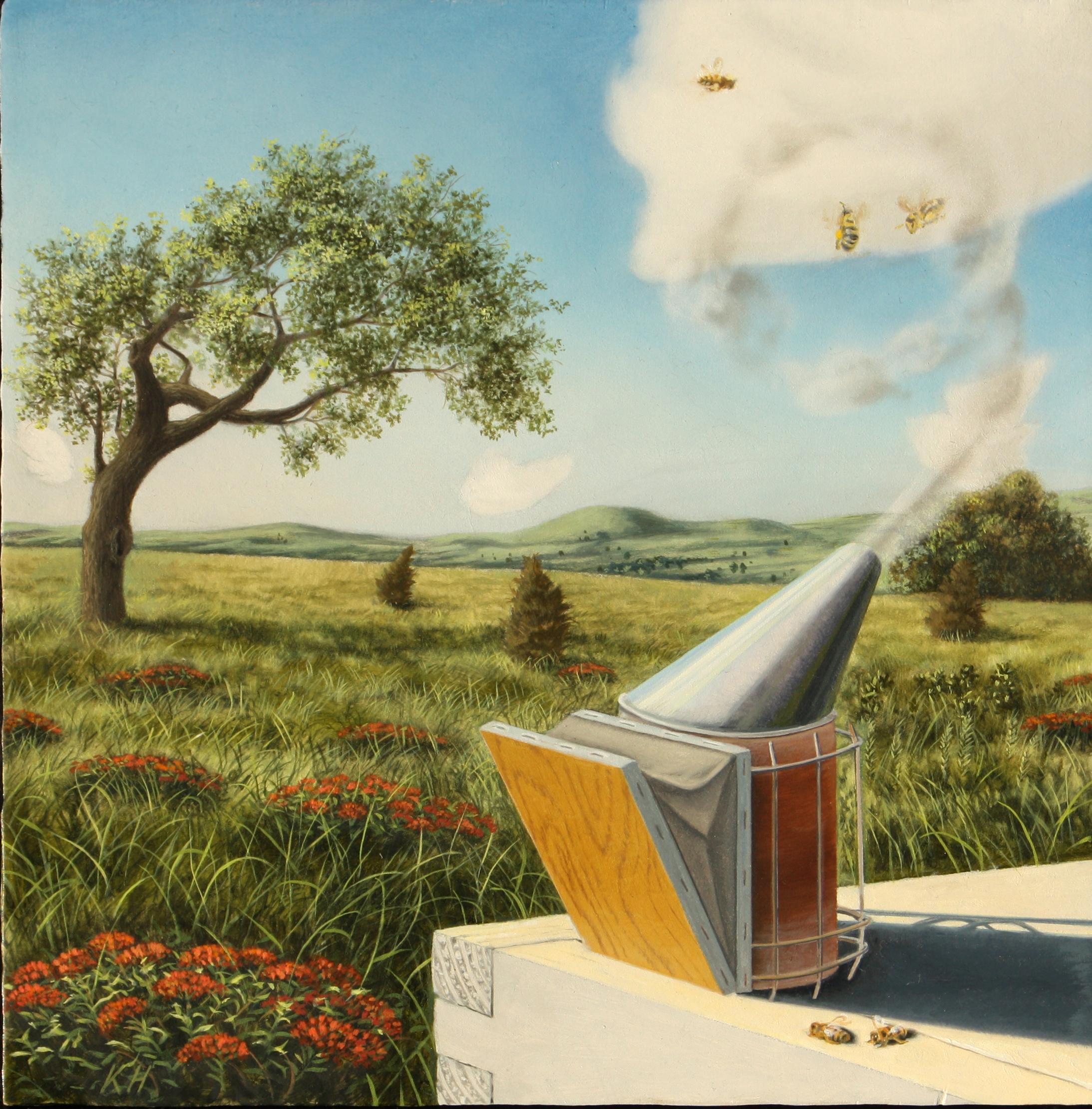 Karl Hartman Landscape Painting – Bee Smoker, surrealistisches pastorales Ölgemälde