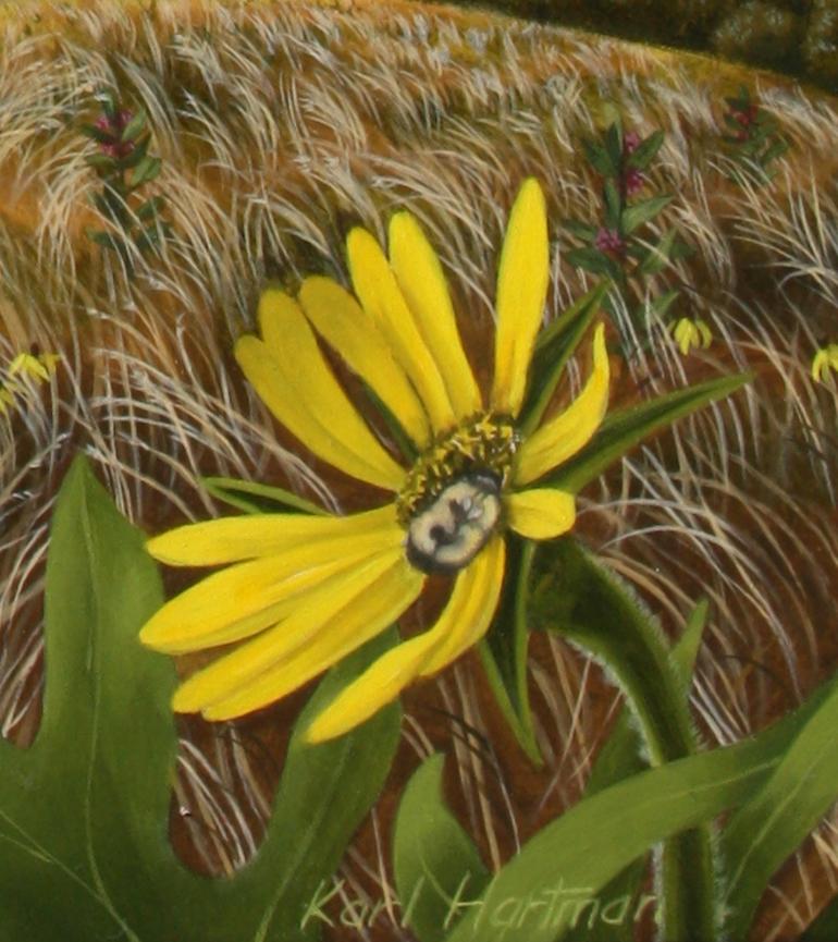 Bois d'abeilles et fleur de boussole, peinture à l'huile pastorale surréaliste - Gris Landscape Painting par Karl Hartman