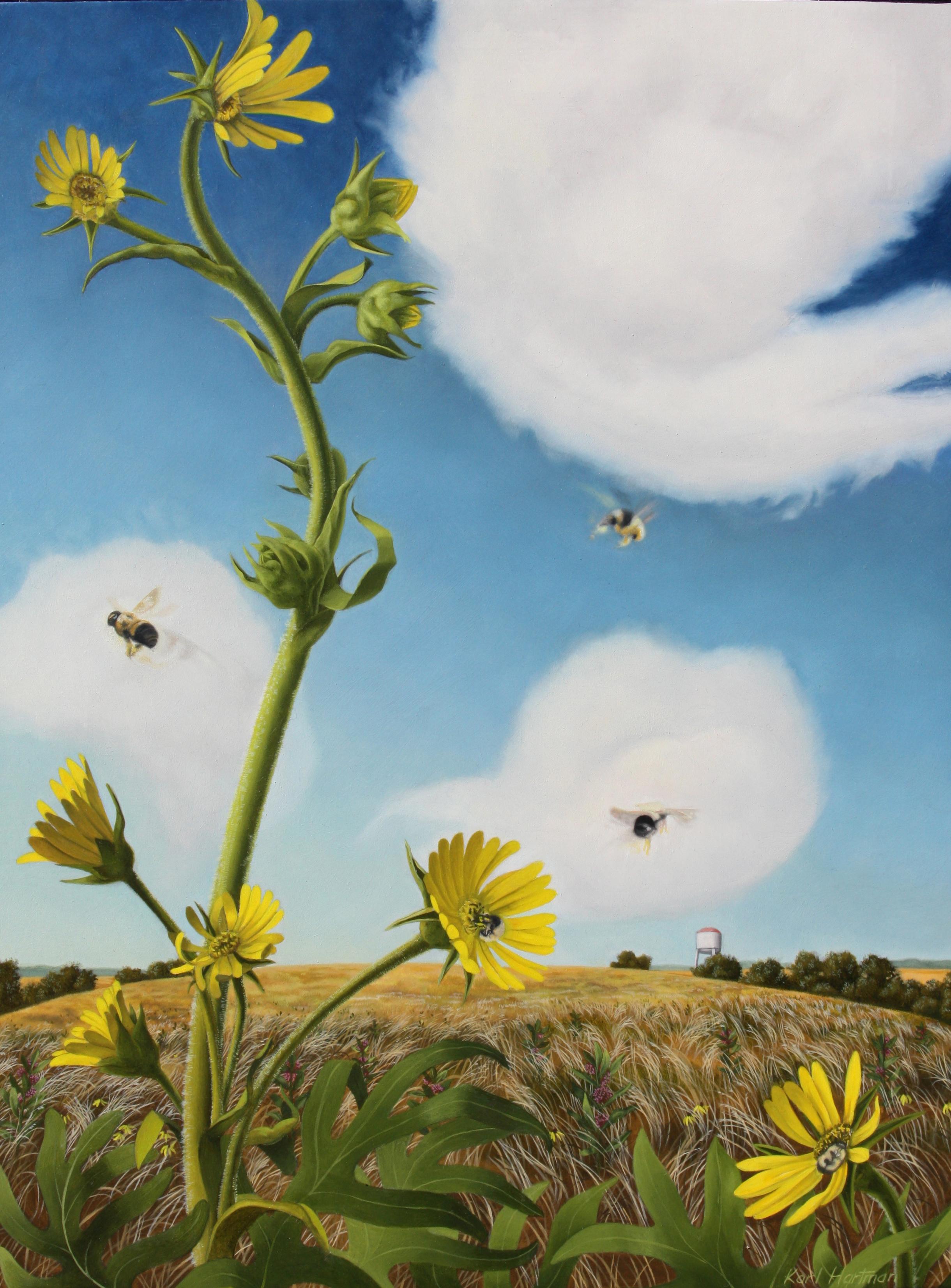 Karl Hartman Landscape Painting – Surrealistisches pastorales Ölgemälde "Bienen und Kompass"