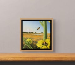 Bees and Pond, surrealist pastoral oil painting, 7 x 7 in.