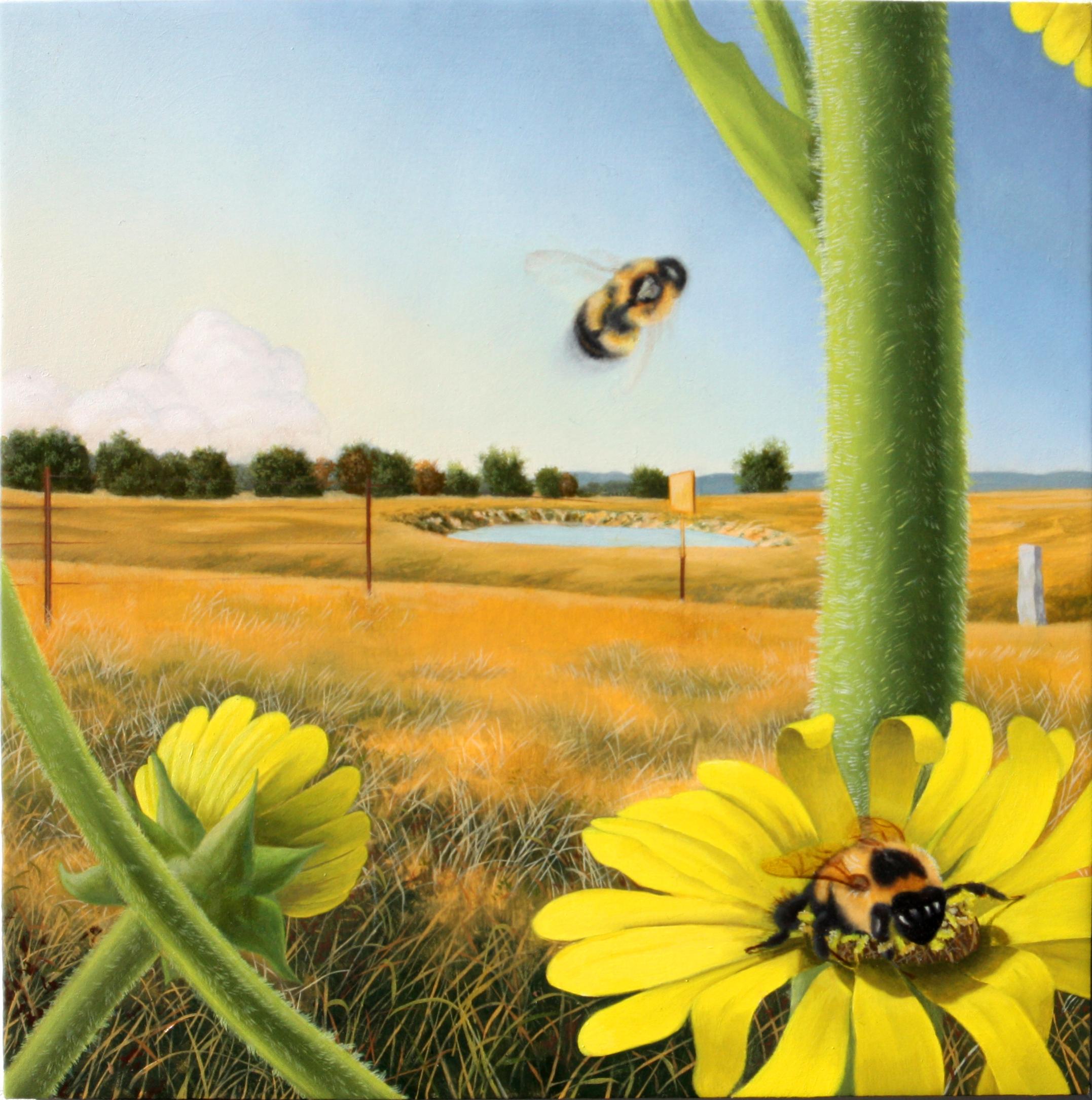 Bees and Pond, surrealist pastoral oil painting