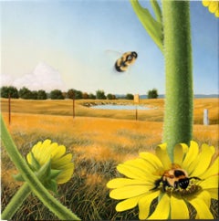 Bees and Pond, surrealist pastoral oil painting