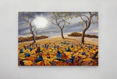 Blackbirds In Leaves, 17x24 in Contemporary Autumn Landscape Painting With Birds