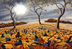 Blackbirds In Leaves, 17x24 in Contemporary Autumn Landscape Painting With Birds