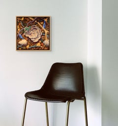 Blue Jays and Stump Blossom, 16x16in, Woodland Scene Still Life with Birds