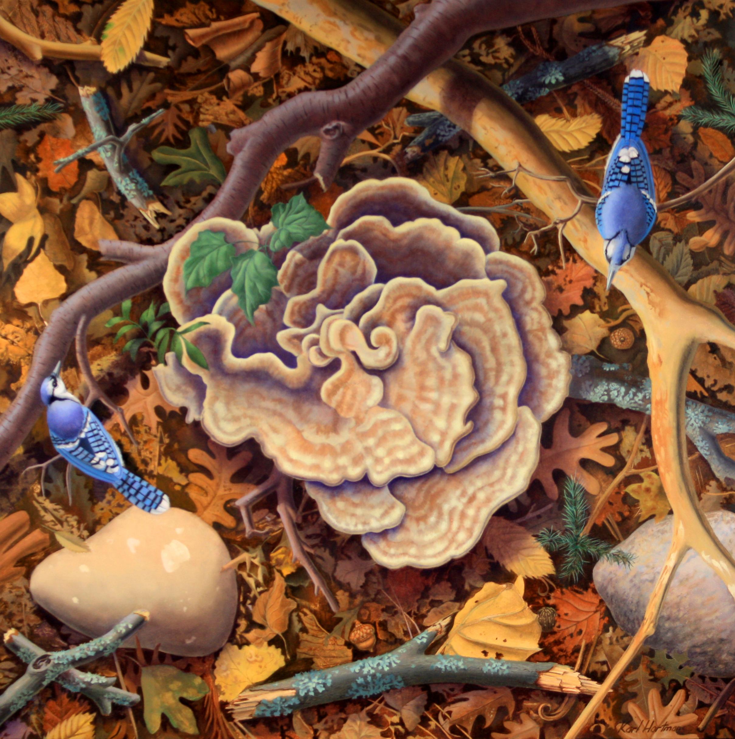 Blue Jays and Stump Blossom, 16x16in, Woodland Scene Still Life with Birds