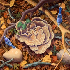 Blue Jays and Stump Blossom, 16x16in, Woodland Scene Still Life with Birds