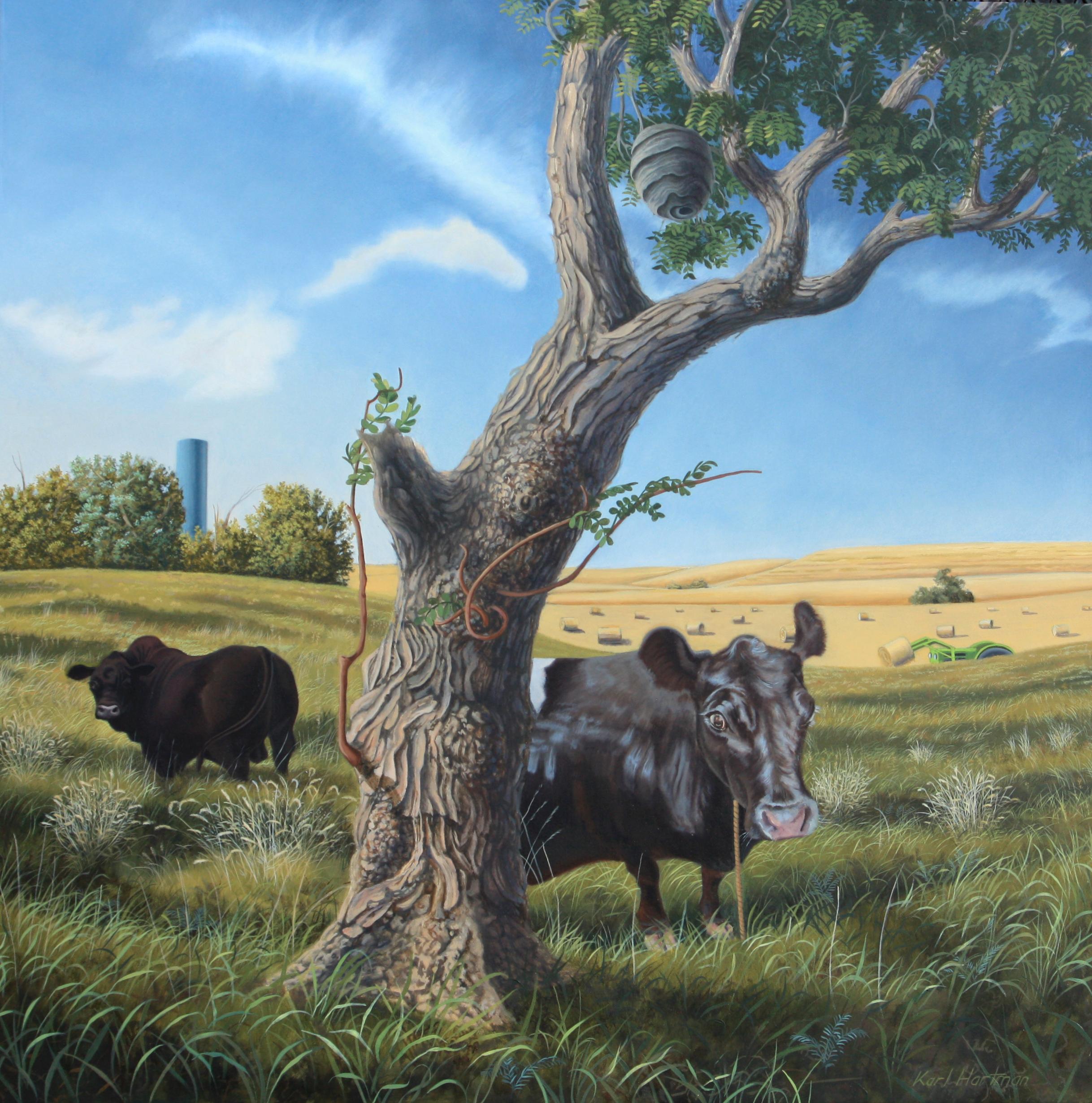 Karl Hartman Animal Painting - Bull and Cow, realist pastoral oil painting