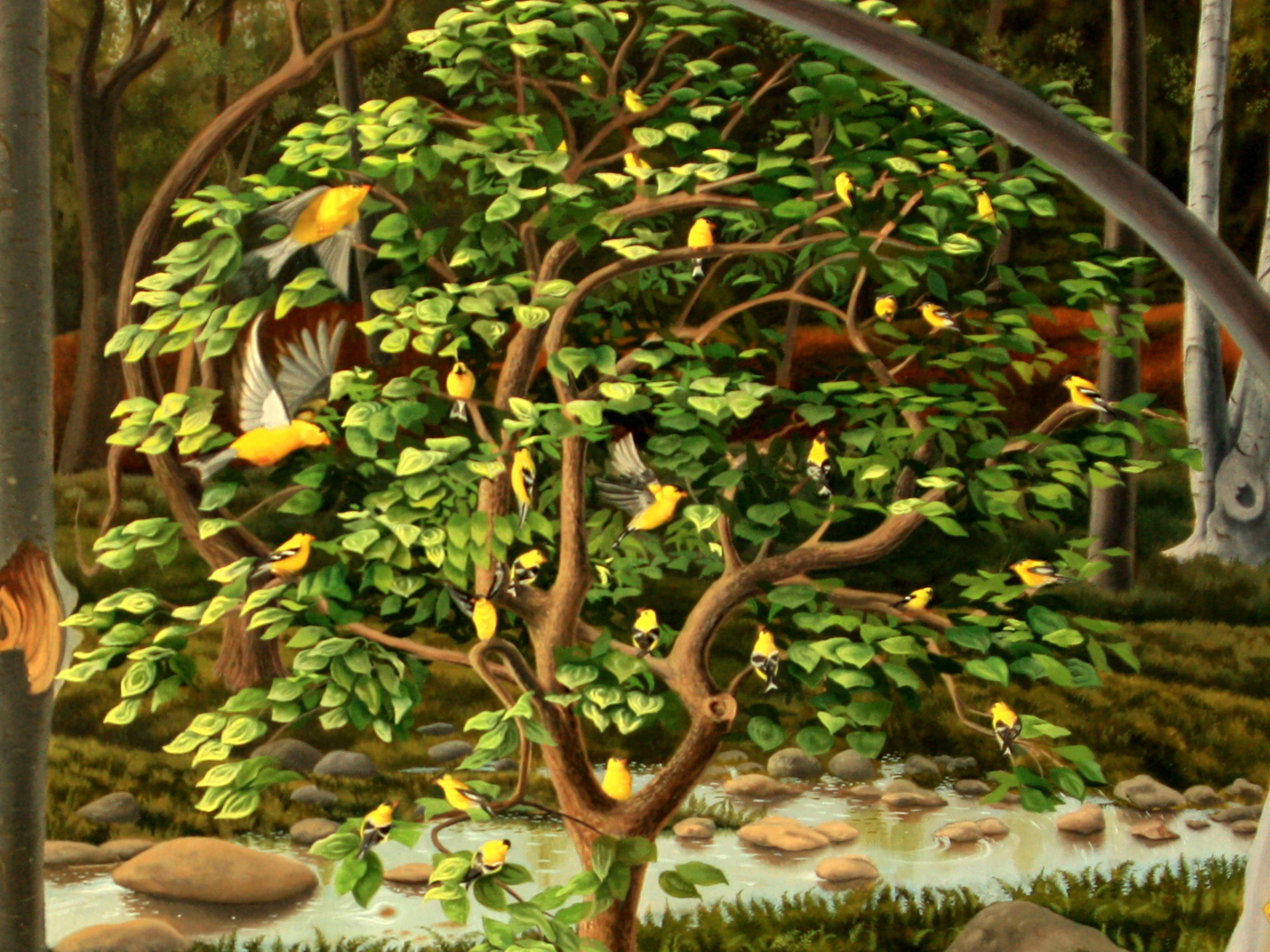 Fascino dei fringuelli, 2022, Olio su pannello di alluminio, pittura ad olio pastorale surrealista - Painting Realismo americano di Karl Hartman