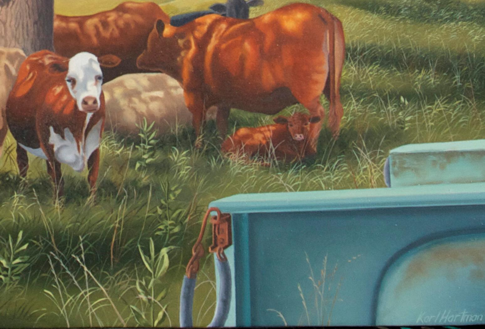 Vacas y cuervos, óleo pastoral realista - Painting realista estadounidense de Karl Hartman