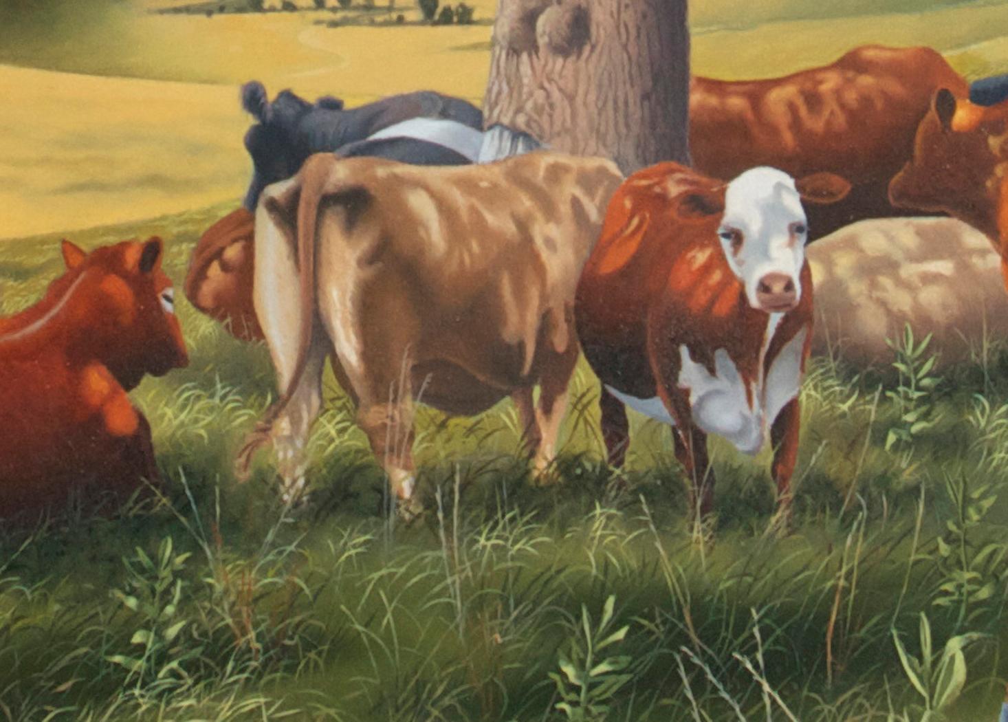 Vacas y cuervos, óleo pastoral realista - Animal Painting Gris de Karl Hartman