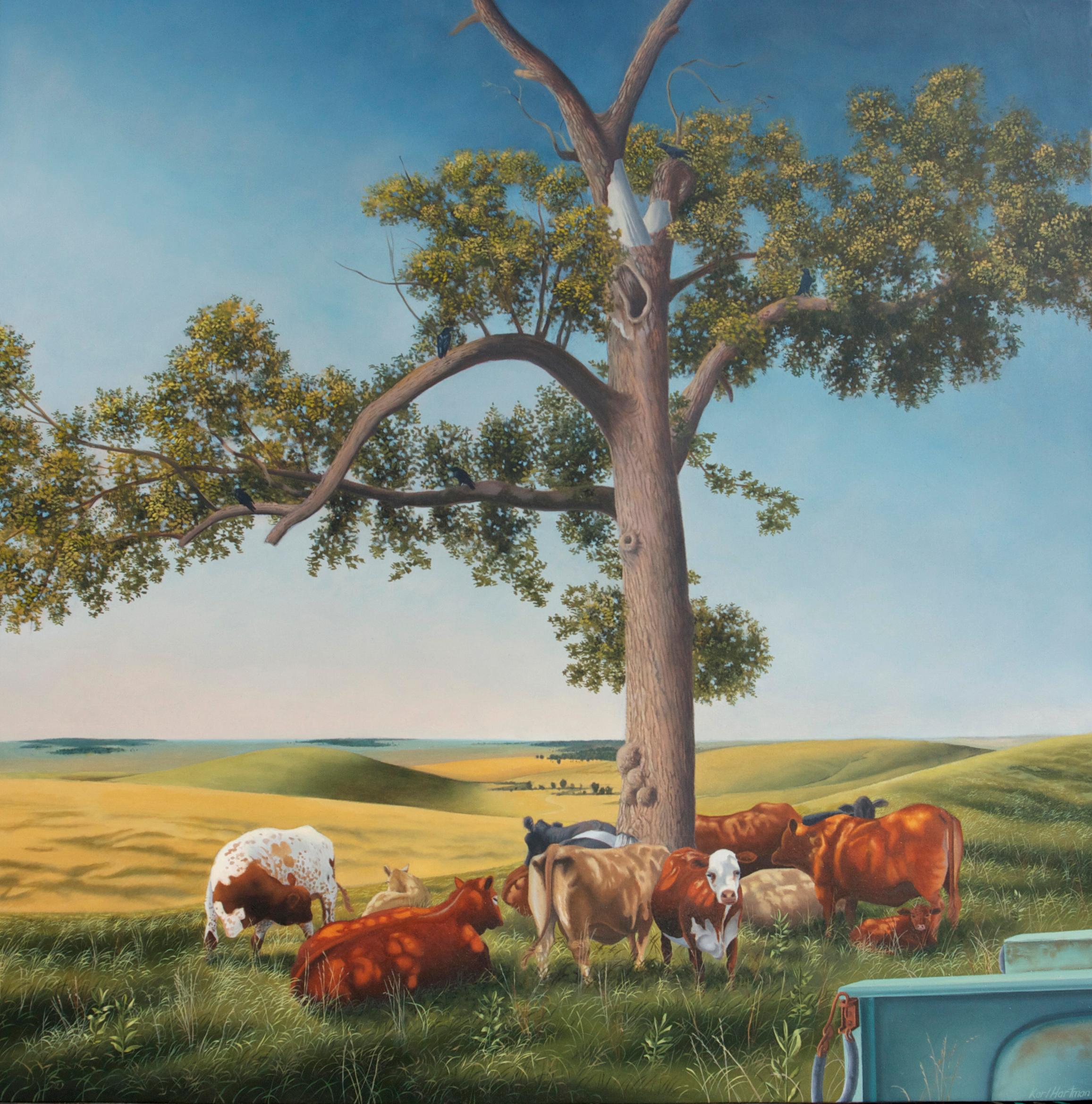 Karl Hartman Animal Painting - Cows and Crows, realist pastoral oil painting