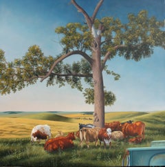 Cows and Crows, realist pastoral oil painting