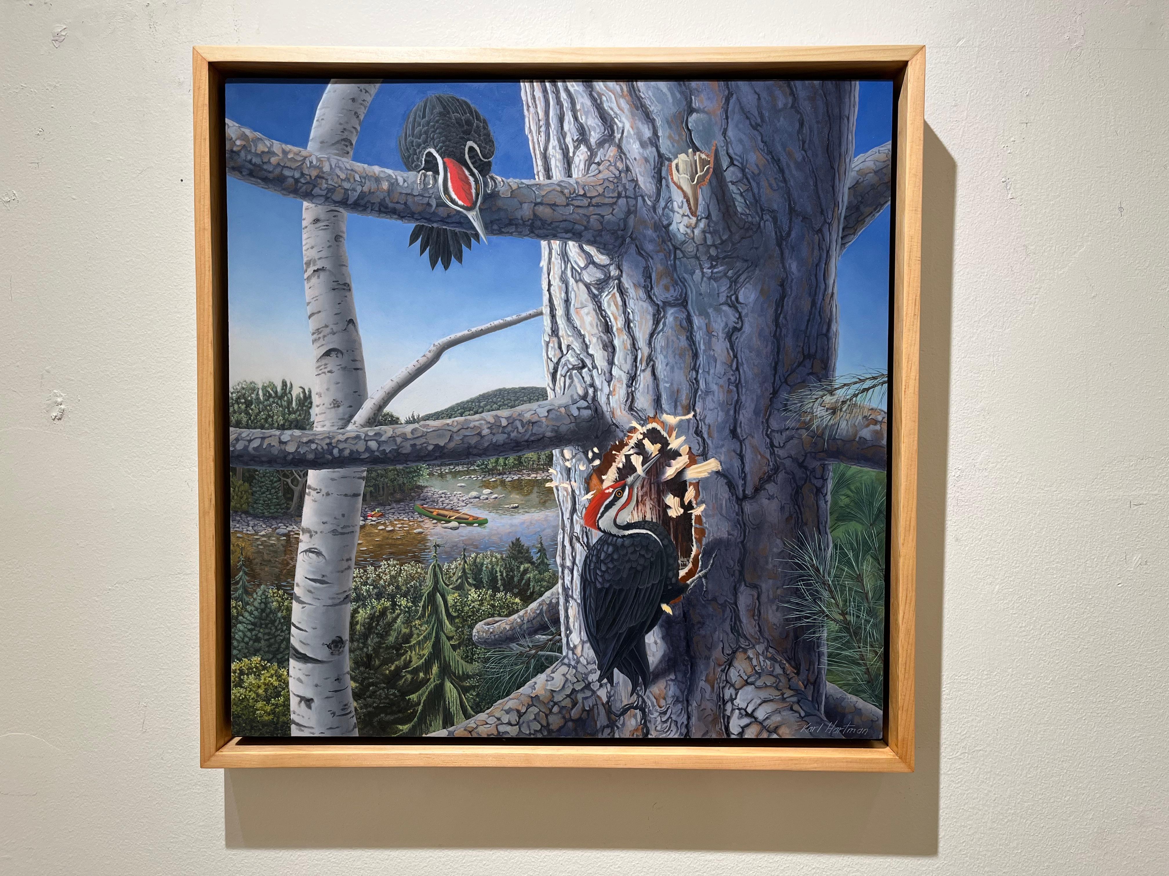 Heimstätter,  Spechte nisten im Tannenbaum - Wald-Wildnis-Landschaftskunst – Painting von Karl Hartman