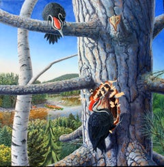 Homesteaders,  Pics nichant dans un pin - Forest Wildlife Landscape Art