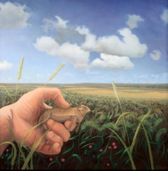 Horny Toad, Surreal Landscape Painting with Hand and Toad or Frog, 14 x 14 in