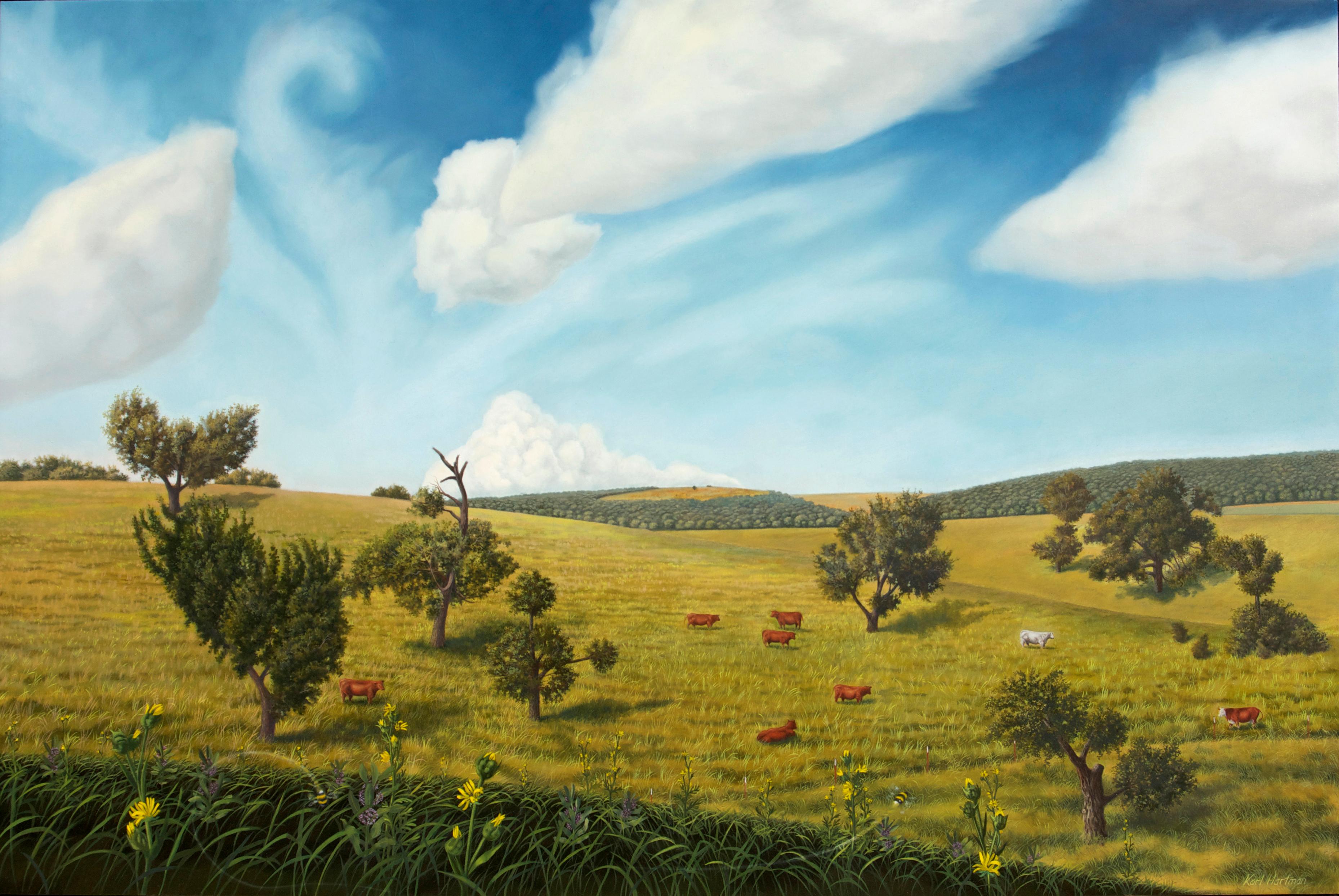 Karl Hartman Landscape Painting - June Day, surrealist pastoral oil painting