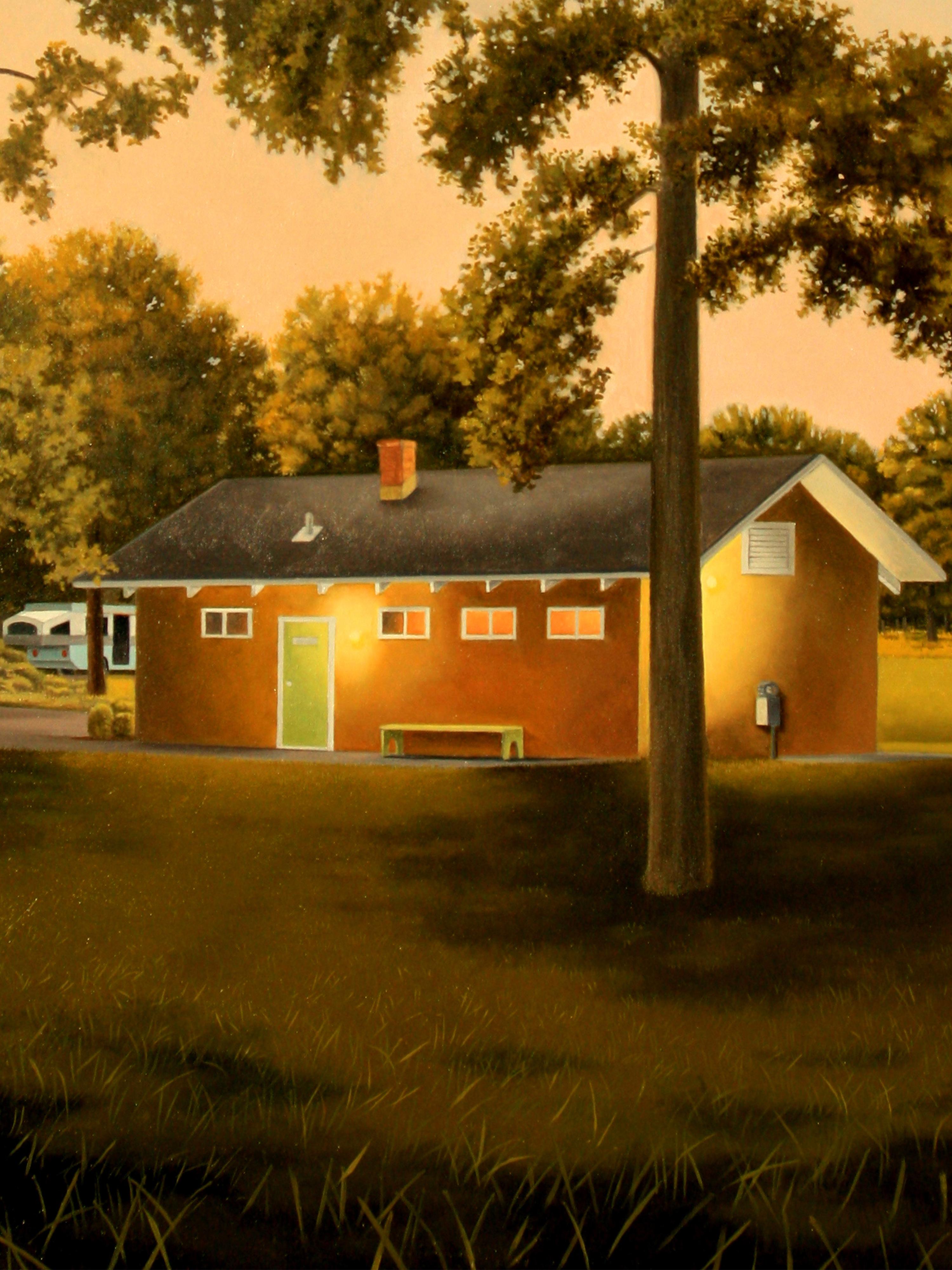 Last Light, 2022, Oil on aluminum panel, surrealist pastoral oil painting - American Realist Painting by Karl Hartman