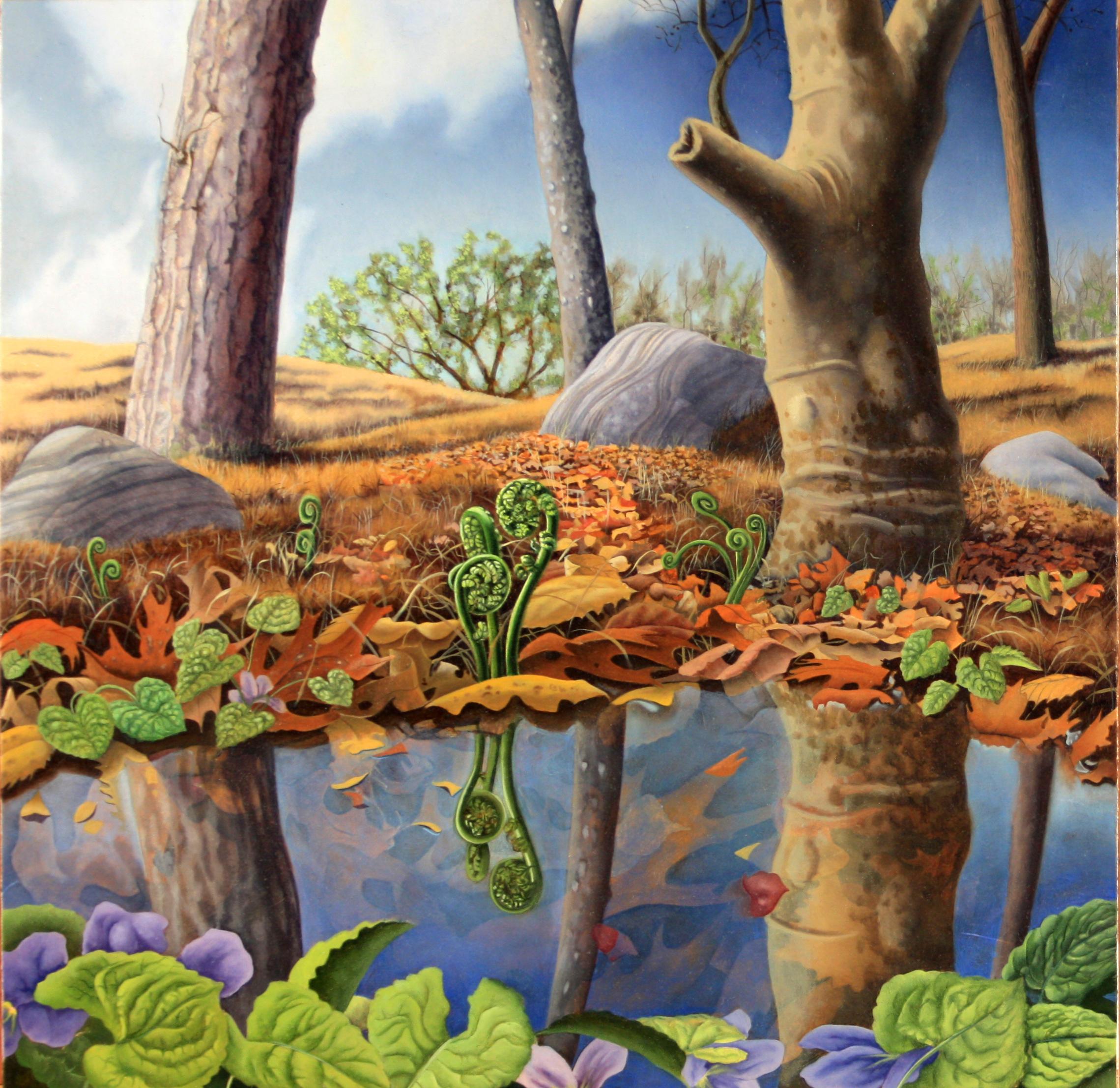 Landscape Painting Karl Hartman - Reflets de fougères,  Nature luxuriante Forêt Boisée Paysage Près d
un lac