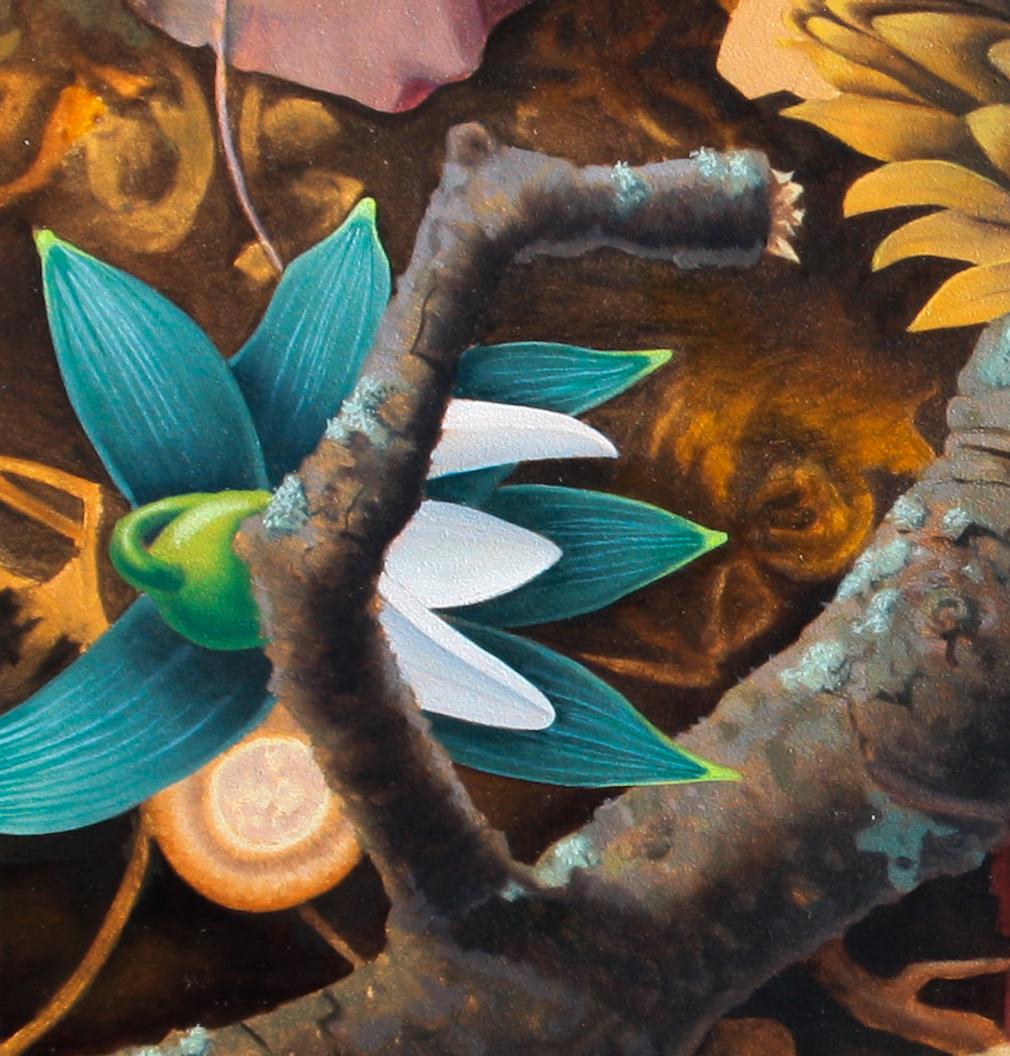 Karl Hartman’s Spring (2024) is a finely rendered celebration of the seasonal shift from winter to new growth. Painted in oil on a 12 x 12 inch aluminum panel, the composition is a close-up forest floor tableau where decaying autumn leaves, acorns,