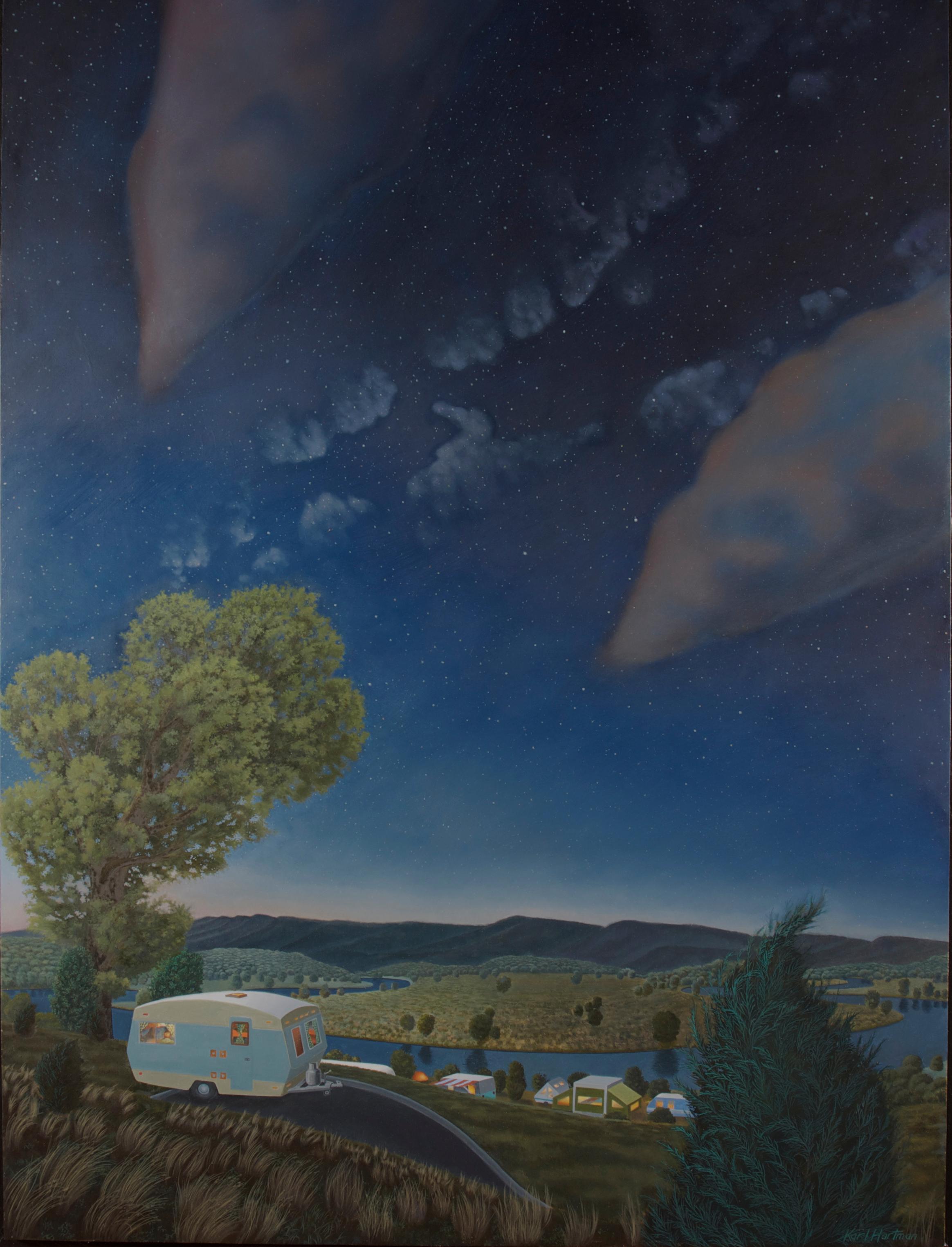Karl Hartman Landscape Painting - Summers Night, surrealist pastoral oil painting