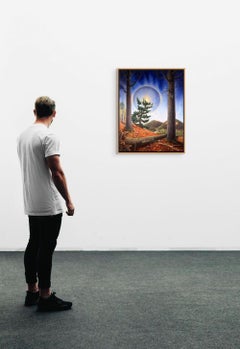 Sun Halo, peinture de paysage avec forêt et lac, et soleil, 28 x 22 in