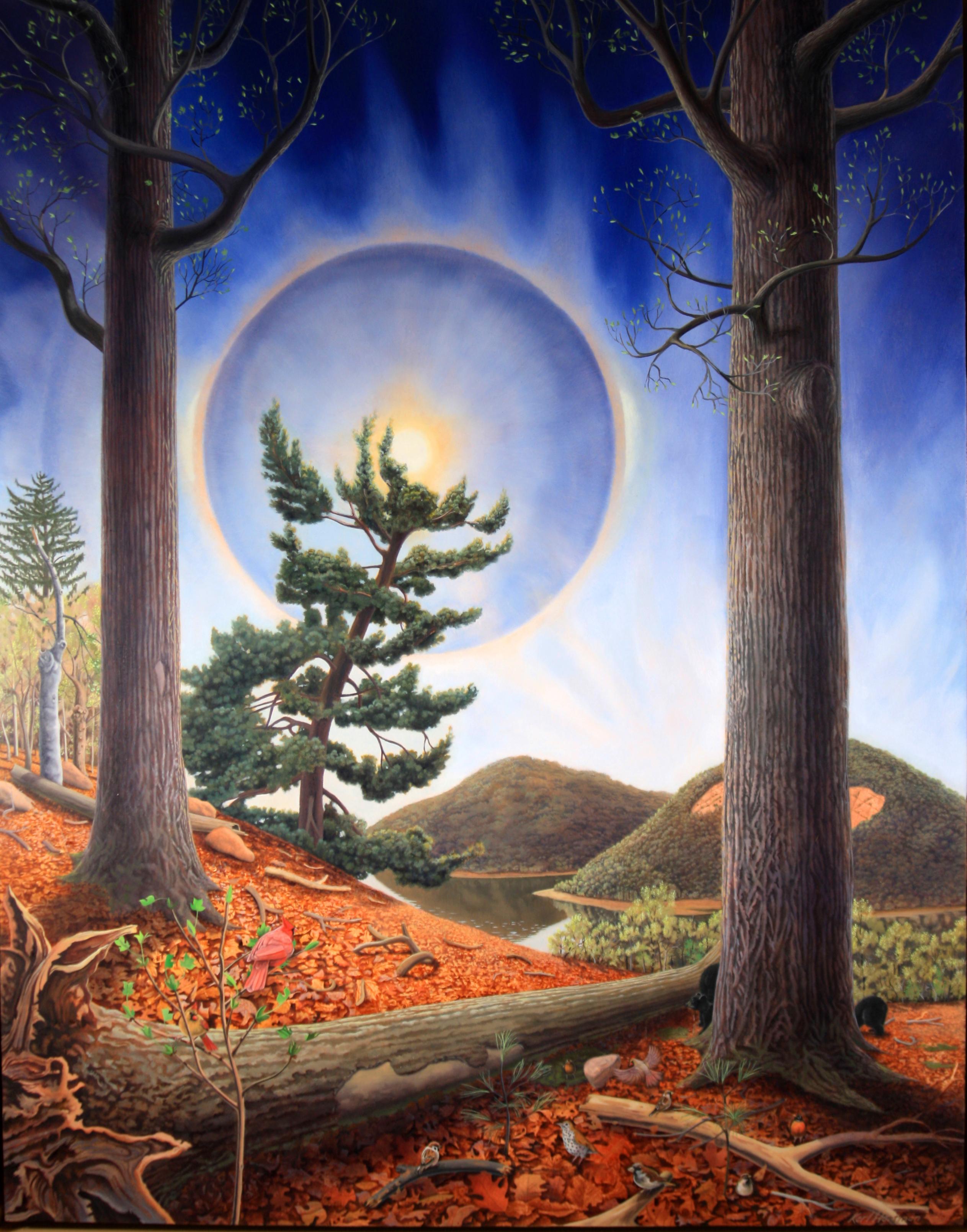 Karl Hartman Animal Painting - Sun Halo, Landscape Painting with Forest and Lake, and Sun, 28 x 22 in