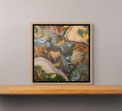 The Sound of Water, Surreal Stream Painting with Leaves and Moth, 12 x 12 in