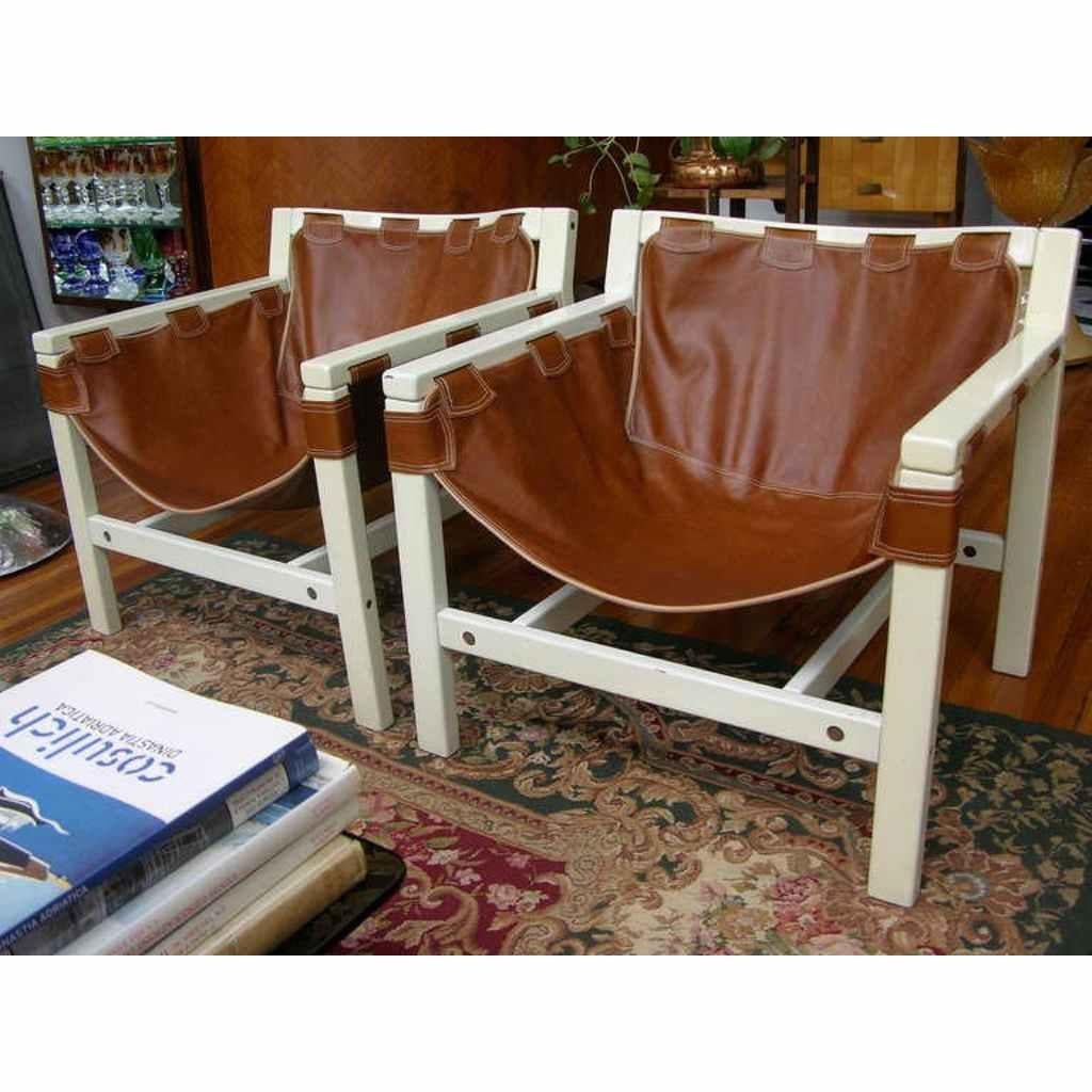 Vintage Carlo Hauner for Forma Italian Safari Brown Pair Leather Lounge Chairs For Sale 1