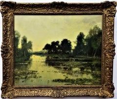 "Paesaggio fluviale crepuscolare", olio originale  1895 circa, stile impressionista